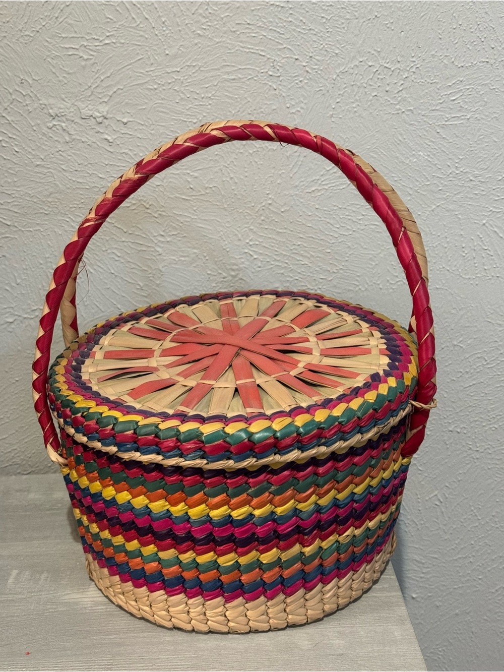 Handwoven Multicolor Woven Basket with Handle